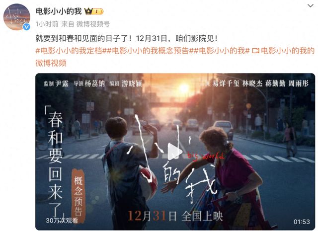 小小的我定档12月31日，易烊千玺主演，期待满满！